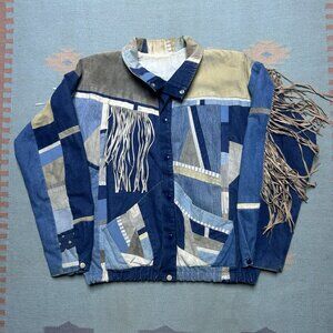 Vintage Santa Fe Recreations Patchwork Denim Jeans Jacket Leather Fringe Large